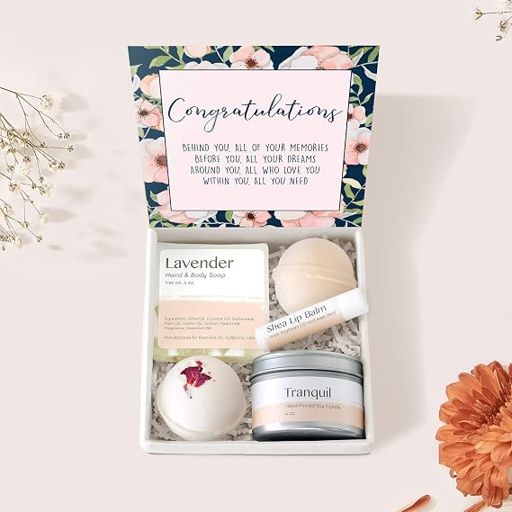 Dear Ava Spa Gifts for Women - Organic Self Care luxury Anti Stress Relaxing Bath and Body Kit Set Basket Box for Her with Heartfelt Card - Congratulation Gift for Girls