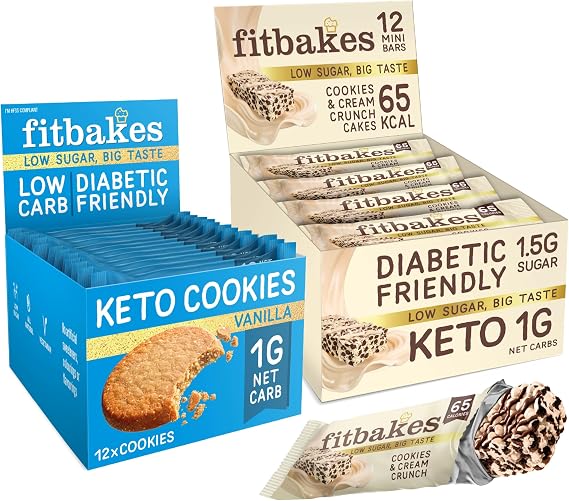 Fit bakes Keto Cookies Bundle : Cookies & Cream Crunch Bars & Cookies, Sweet Diabetic Biscuit, 1g Net Carb, Low Carb Biscuits Keto Snacks Protein, Low Calorie Snack, Fitbakes
