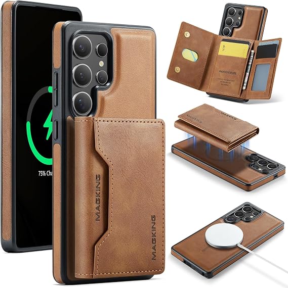 Compatible with Samsung Galaxy S25 Ultra,The 2 in 1 Detachable Fold Leather Wallet Phone Cases, Support Mag-Safe Magnetic Wireless Charging (Brown)