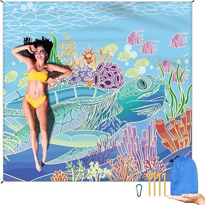 Beach Blanket Waterproof Sandproof Large Beach Mat 79 X 83 for 2-4 Adults Sand Free Mat Quick Drying,Lightweight & Durable with 4 Stakes & 4 Corner Pockets for Beach Travel Camping.Sea Turtle