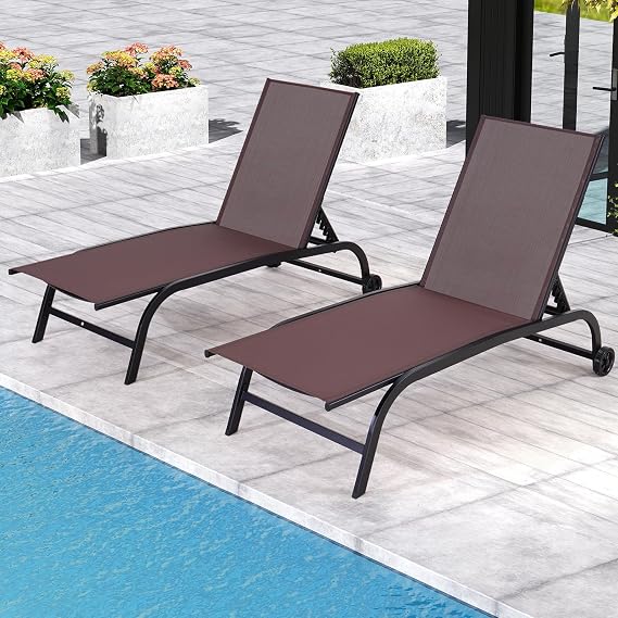 Patio Chaise Lounge Chair with Wheels, Set of 2 Outdoor Lounge Chairs with Adjustable Backrest, Waterproof Poolside Lounge Chairs