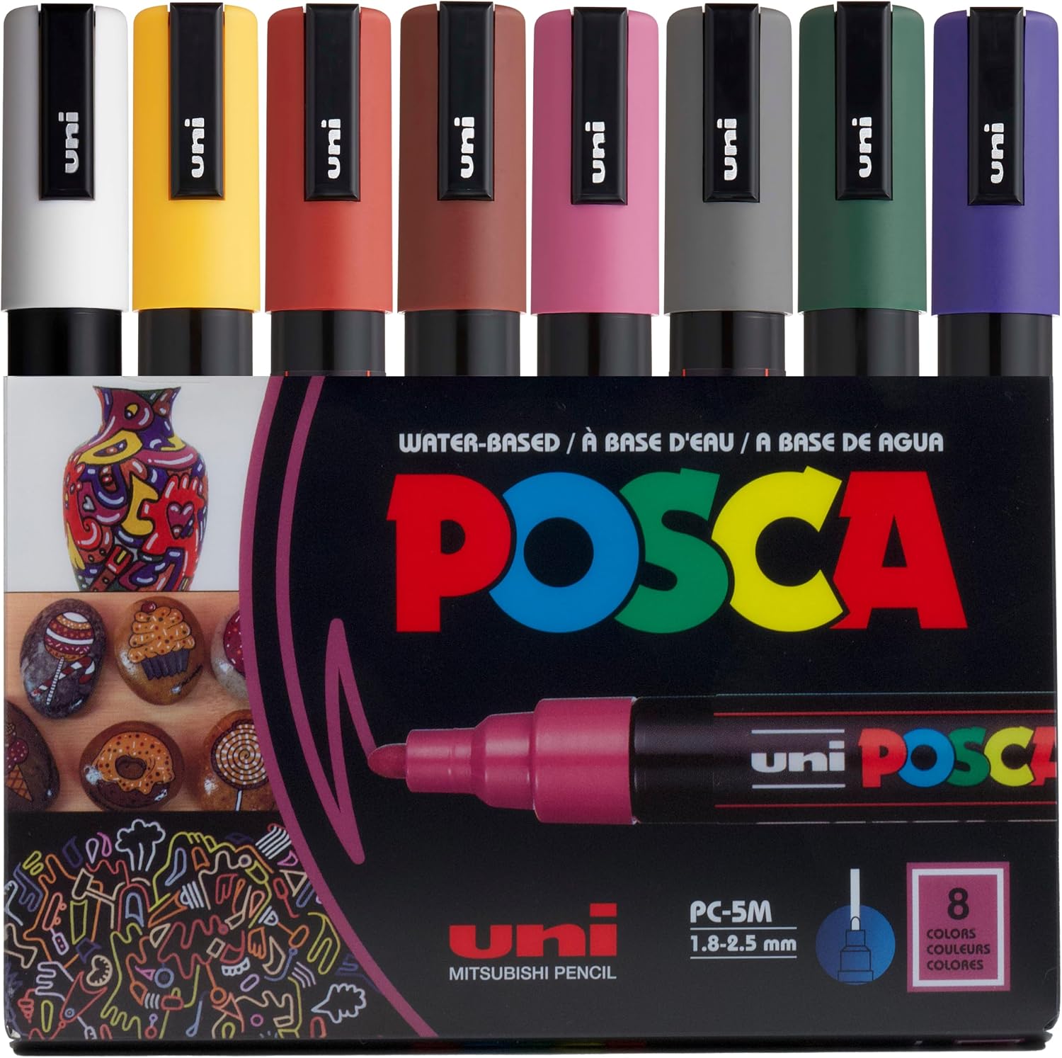 Posca PC-5M Water Based Permanent Marker Crayons, Set of 8 Dark Colors