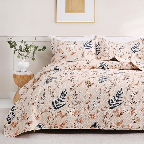 JSD Floral Quilt Set FullQueen Size, 3 Piece Printed Bedspreads Coverlet with Pillow Sham, Soft Microfiber Quilted Blanket