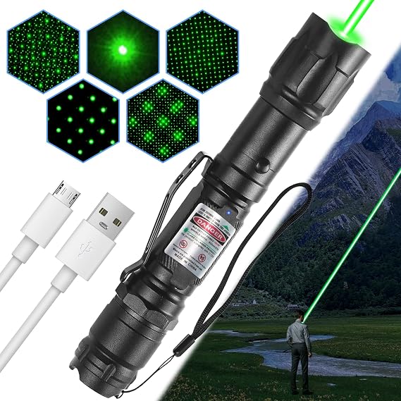 Green Light Flashlight Rechargeable, Long Range Adjustable Focus Tactical Beam for Outdoor Journeys, Camping, Presentations, TV/LED/LCD Screens, and Stargazing