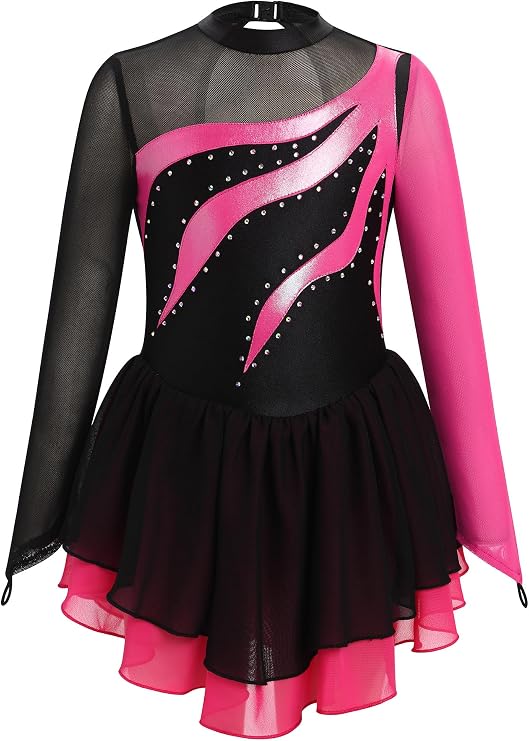Girl Figure Skating Dress Metallic Sheer Mock Neck Ice Skating Teen Rhythmic Gymnastics Leotard with Chiffon Skirt