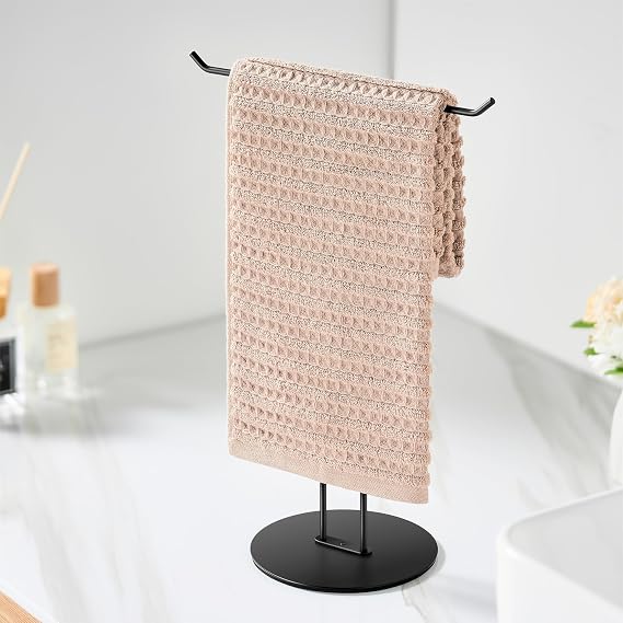 T-Shaped Hand Towel Holder Stand Countertop Stainless Steel Towel Rack with Non-Slip Base for Bathroom, Kitchen, Vanity, Matte Black