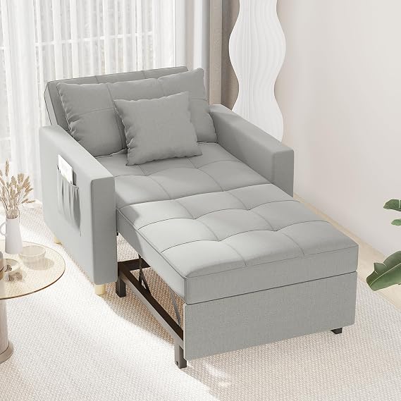 Esright Small Sofa Bed Chair, Folding Chair Bed for Small Room, 3-in-1 Convertible Sleeper Chair with Side Pocket, Single Sofa Bed and Armchair Bed for Living Room, Grey