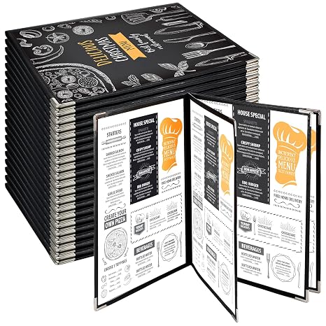 Henoyso 20 Pcs 8.5 x 11 Inch Menu Covers 4 Page 8 View Transparent Restaurant Covers Book Fits A4 Size Paper, Bar Cafe Clear Menu Holder Folder with Leatherette Trim and Decorative Corners, Black