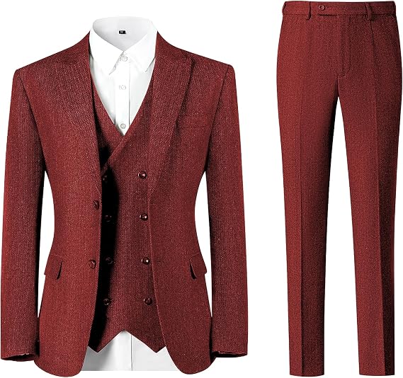 Men's Suits 3 Piece Slim Fit Tweed Herringbone Suit for Men Grom Wedding Blazer Prom Jacket Vest Pant Set Tuxedo