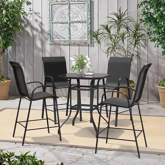 Amopatio 5 Piece Patio Bistro Set with 4 Bar Chairs and Glass Table, All-Weather Textilene Patio Bar Stools, Sturdy Outdoor High Top Table and Chairs for 4 for Backyard, Porch, Balcony, Black