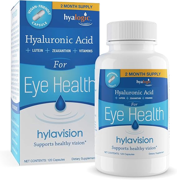 Hyalogic HylaVision Eye Vitamins with Hyaluronic Acid, Clear Eyes with Lutein and Zeaxanthin Supplements for Eye Care Eye Health Support - 120 Capsules
