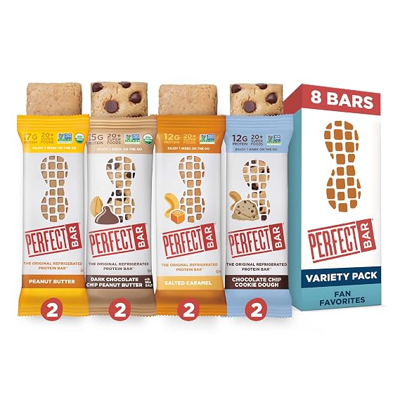 Perfect Bar Protein Bars, Best Sellers Variety Pack, Gluten Free, Made with Organic Honey, Peanut Butter, Cookie Dough Texture, Refrigerated, 2.2-2.5 Oz Bars, 8 Count