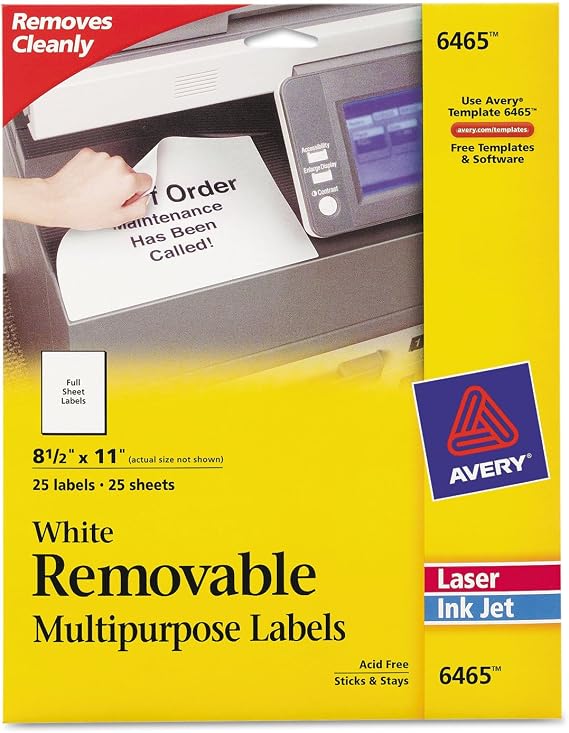 Avery 6465 Removable Multipurpose Labels, 8-1/2 x 11, White, 25/Pack