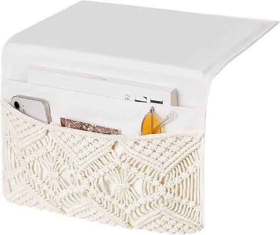 Mkono Macrame Bedside Caddy, Boho Bed Storage Organizer, 4 Pockets Ivory