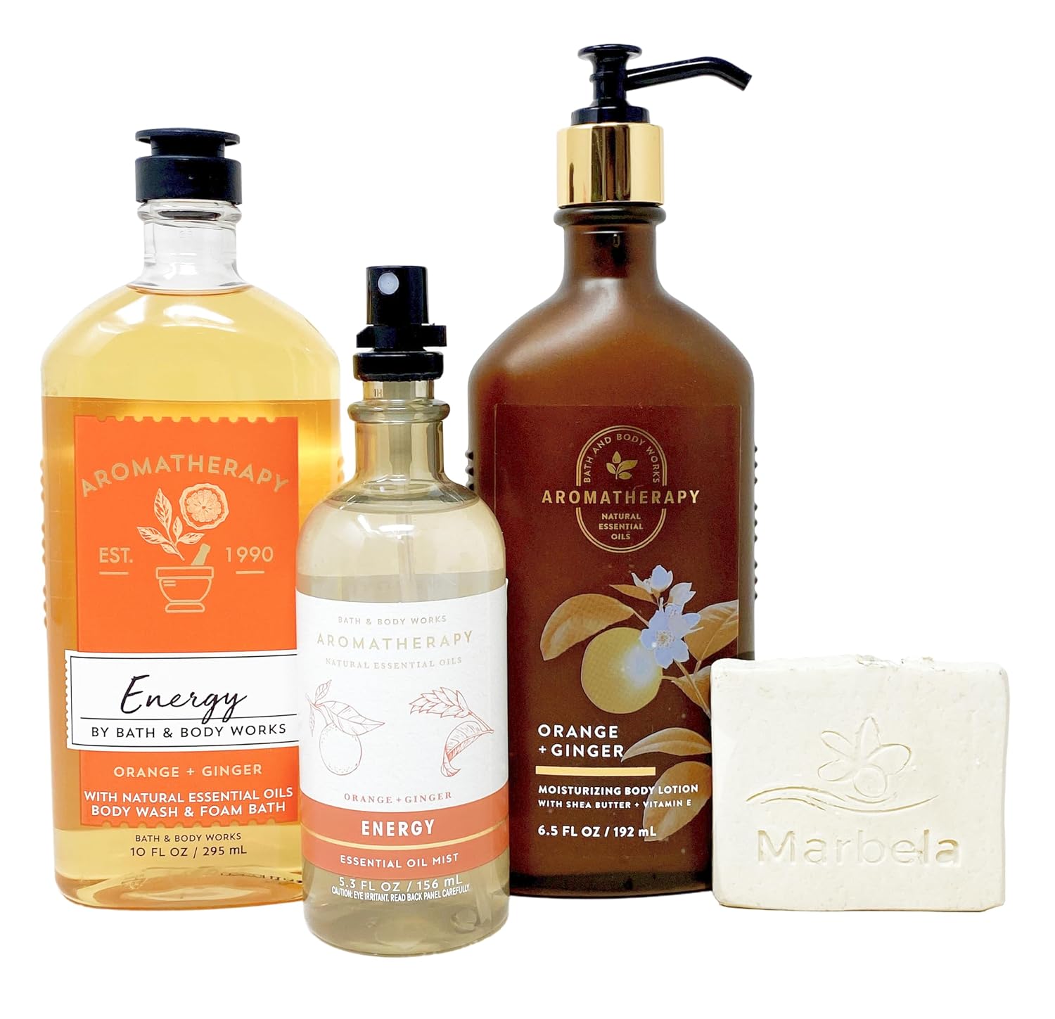 Bath & Body Works Aromatherapy Energy Orange & Ginger - Trio Gift Set - Body Wash, Body Lotion and Essential Oil Pillow Mist With a Natural Oats Sample Soap