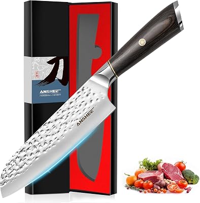 anshee 7 Inch Japanese Santoku Knife - Hammered Finish High-Carbon Stainless Steel Precision Cold Forged Chef Knife with Wood Handle, Multipurpose Kitchen Knife for Slicing Meat, Vegetables, Fruits