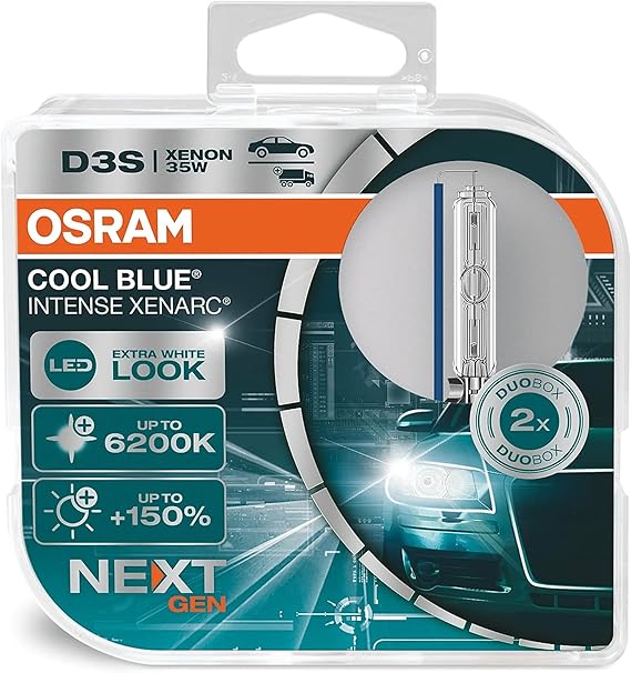 OSRAM XENARC COOL BLUE INTENSE D3S, +150% more brightness, up to 6,200K, xenon headlight lamp, LED look, duo box (2 lamps), 66340CBN-HCB
