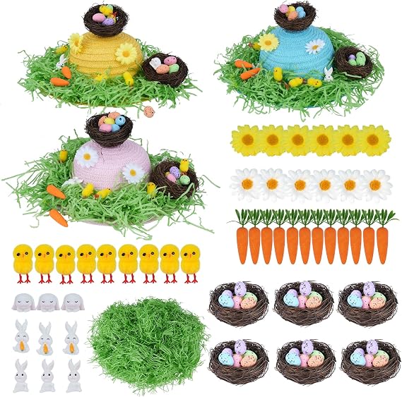HFYZZ Set of 3 DIY Easter Bonnet Kit - Make Your Own Easter Bonnet Hat Art Project Set Including Straw Hats Chicks Bunnies Carrots Eggs Nests Grass Flowers for DIY Easter Party Decoration