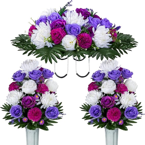 XONOR Artificial Headstone Flower Saddles for Graves, Cemetery Memorial Flowers for Outdoor Tombstone Decorations, Artificial Peony Rose Flowers Saddle (Purple&White, 1 Saddle 2 Bouquets)