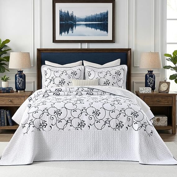 Oversized King Bedspread 128"x120" - 100% Cotton California King Quilt, Embroidered Bedspread Coverlet with Pillow Shams, Lightweight Quilted Bedding Set 3 Piece, Navy Blue/White