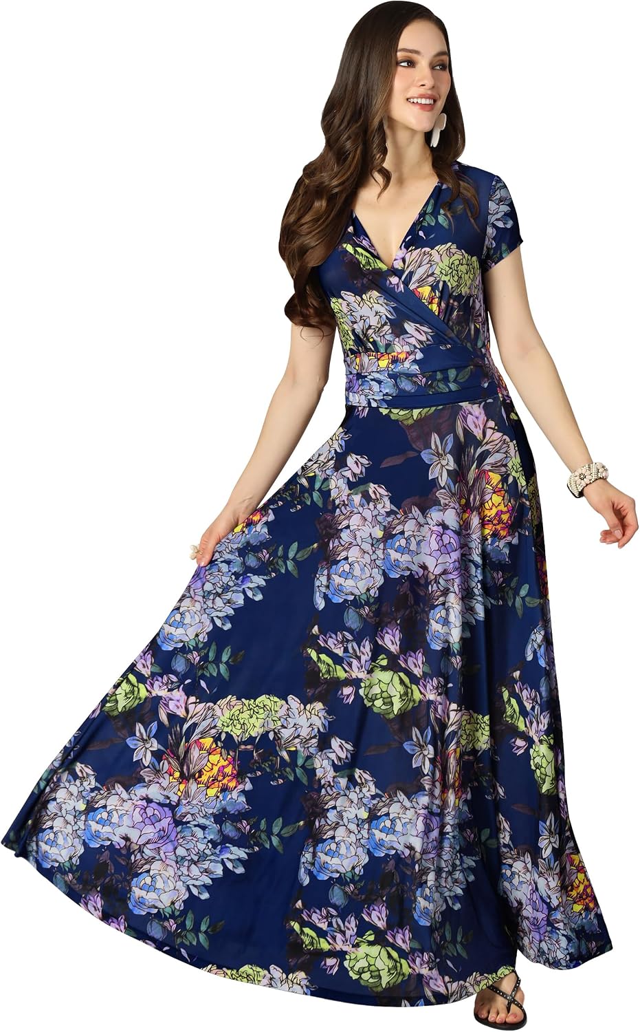 KOH KOH Womens Long Floral Print Cap Sleeve Modest Flowy Summer Maxi Dress Gown