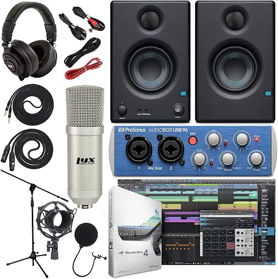 Presonus AudioBox 96 Audio Interface (May Vary Blue or Black) Complete Studio Bundle with Studio One Artist Software Pack w/Eris 4.5 Pair Studio Monitors, Condenser Microphone, 1/4 Instrument Cables