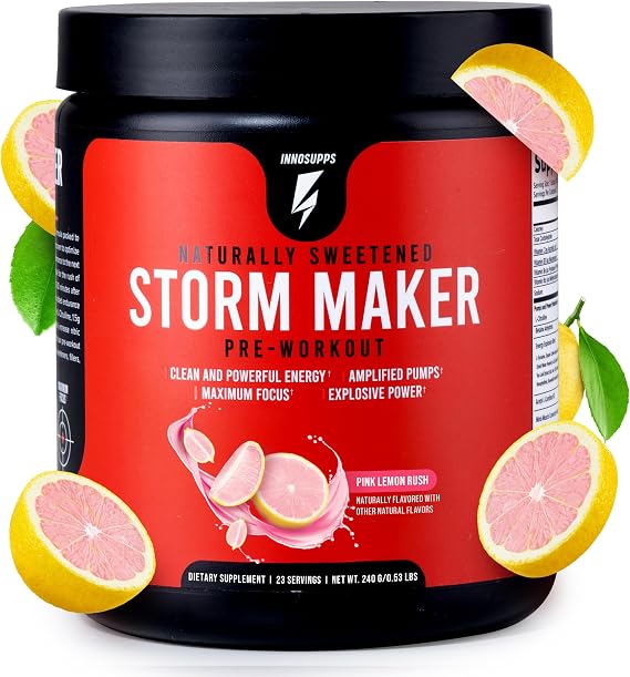 InnoSupps Storm Maker Pre Workout Powder, Pink Lemon Rush, 23 Servings | L-citrulline, L-tyrosine & caffeine, green tea extract, naturally sweetened, clean energy for gym performance, men & women