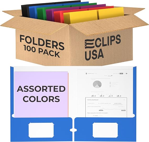 Folders with Pockets 2 Pocket Folders Bulk, Holds 100 Sheets (50 Sheets Per Pocket) Assorted Colors Office Or School (100 Pack)