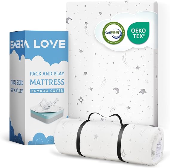 Pack n Play Mattresses (38"x26"x1.5") Bamboo Cover,Breathable,%100 Waterproof,Non-Toxic,Washable I Dual-Sided Gel Memory Foam I Toddler&Baby Pack and Play Mattress Pad Fits Playard&Playpen