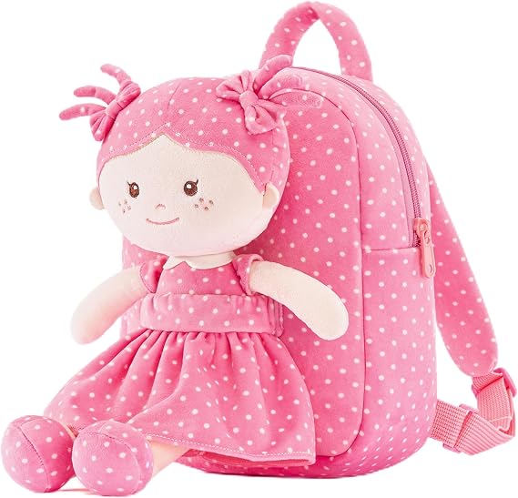 Onetoo Toddler Backpack Back to School Gifts for Girls Kids Backpacks with Soft Light Baby Dolls in Rose Red Polka Dots Dress 9"