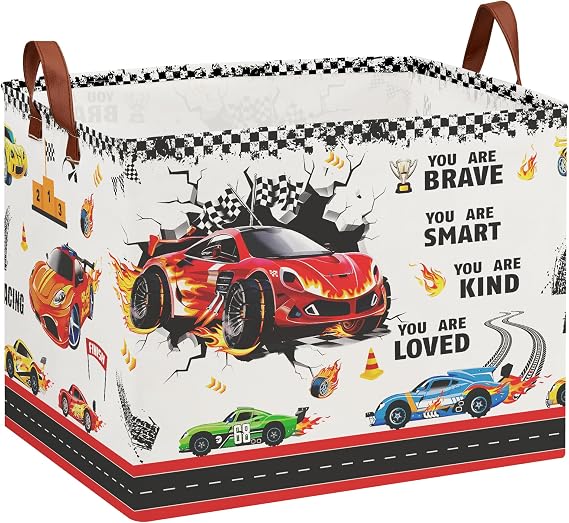 Race Car Room Decor Basket,Waterproof Car Themed Storage Bins for Boys,Collapsible Kids Laundry Hamper with Parking Sign,Rectangular Tire Toy Box for Bedroom Bathroom, Boo Basket for Halloween
