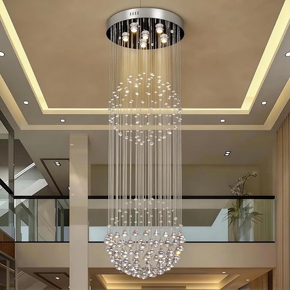 50 cm Raindrop Crystal Chandelier for Staircases 160 cm Drop | Long-Drop Ceiling Light With A Flush Mount Canopy For Stairwells Foyers And High Ceilings