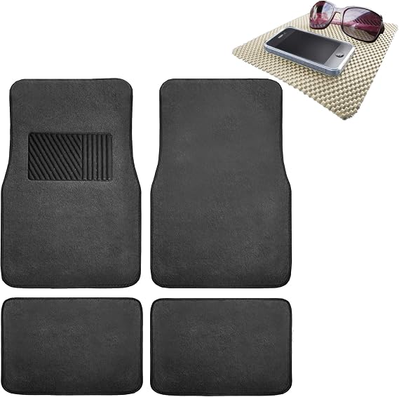 TLH Carpet Car Floor Mats Univesal Fit with Heel Pad, Black Color w/Beige Dash Pad