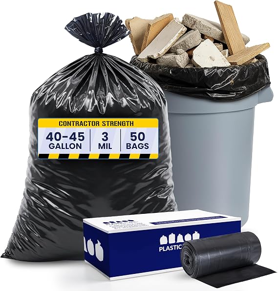 Plasticplace Contractor Trash Bags 40-45 Gallon 3.0 Mil Black Heavy Duty Garbage Bag 40 x 48 (50 Count)