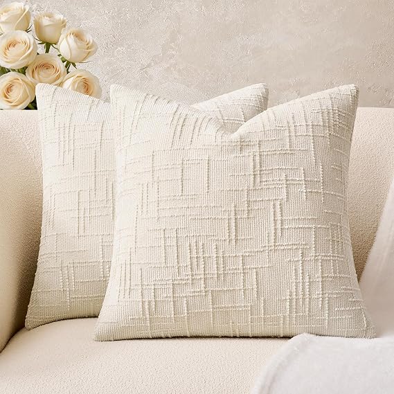Throw Pillow Covers Neutral White Set of 2 20x20 Inch Pillow Covers, Soft Chenille Decorative Pillowcases for Couch Sofa Bed Living Room, Home Boho Decor, Modern Farmhouse Cushion Covers
