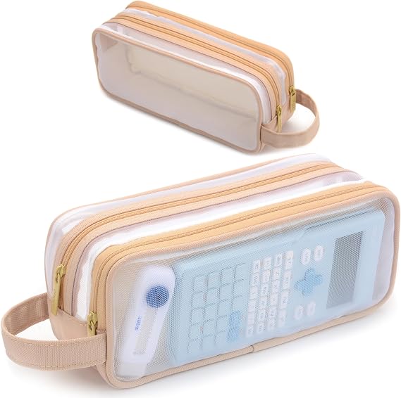 Mesh Pencil Pouch Clear Large Capacity Pencil Case Aesthetic Big Pen Bag School Special Pencil Pouches Organizer With Zipper Travel Makeup Bag For Girls Adults Kids Teen Women Soft Cute Beige