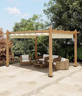 IDEALHOUSE Patio Pergola, Outdoor Patio Gazebo with Retractable Sun Shade, Metal Pergola Shelter for Backyard Deck Garden Wood-Grain, 10 x 13 FT