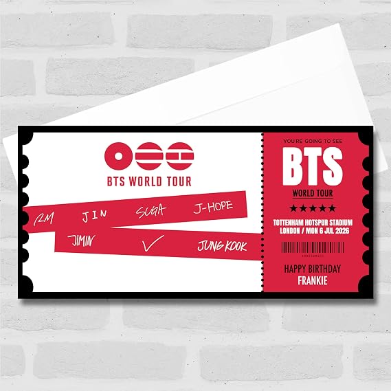 Greetings Card - BTS World Tour Concert Personalised Gift Voucher Surprise Ticket | Custom Greetings Card | Surprise Reveal Voucher Spoof Ticket