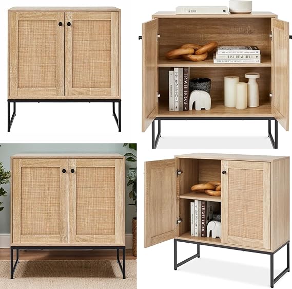 Gr8 Home Rattan Buffet Storage Cabinet 2 Door Cupboard Living Room Wooden Kitchen Sideboard With Shelves Hallway Dining Room Home Furniture
