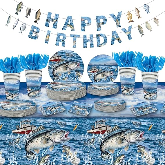 176 Pcs Fishing Party Birthday Decorations,24 Guests Fishing Themed Party Tableware Set Tablecloth Dinner Plates Dessert Cup and Napkins for Fishing Birthday Favors Fishing Decor Party Supplies