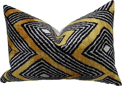 CANVELLO Handmade Luxury Velvet Throw Pillow with Down Feather Insert, 16x24, Black & Gold Geometric Pattern, Decorative Cushion for Living Room, Bedroom, and Home Decor