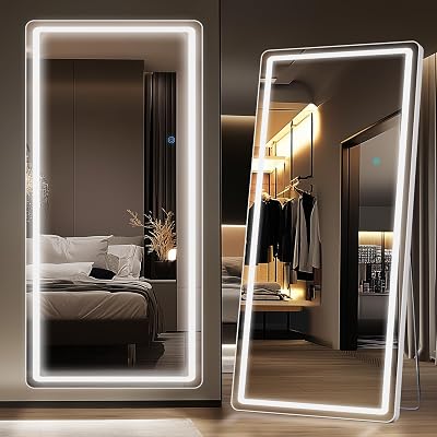 LED Full Length Mirror, 76 x 34 Oversized LED Mirror Full Length Lighted Floor Standing,Hanging Mirror Floor Mirror with Lighted Stand Free Standing Floor Mirror for Bedroom,Livingroom,Rect Style