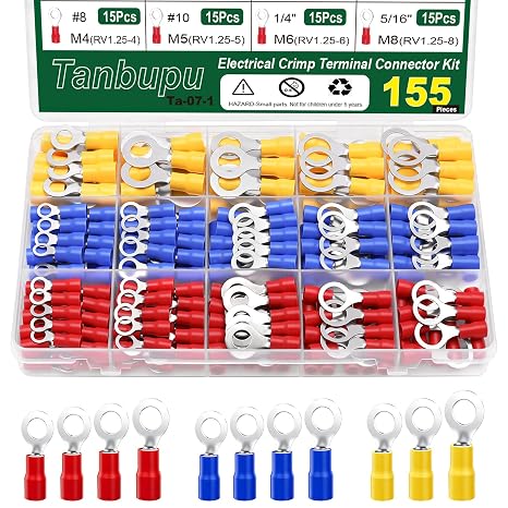 155pcs Insulated Ring Terminals 11-Sizes(M4/M5/M6/M8/M10) 22-16/16-14/12-11AWG O Ring Connectors Electrical Crimp Terminal Connector Assortment Kit