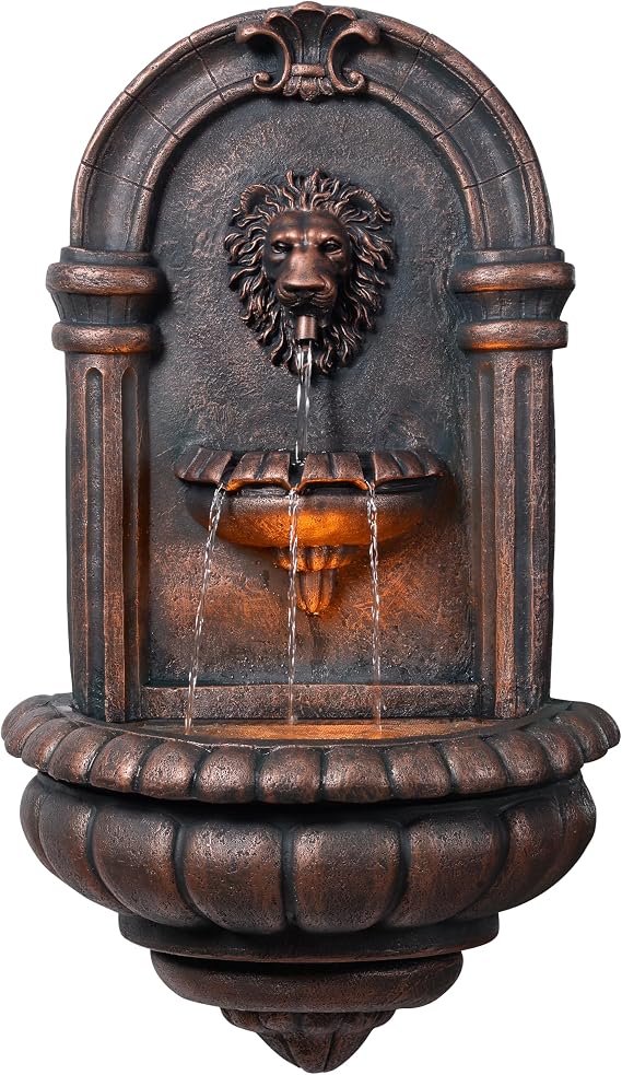 Teamson Home 32.1 in. Wall-Mounted Lion Head Stone LED Outdoor Water Fountain for Gardens, Landscaping, Patios, Balconies, Lawns to Create a Calming Oasis in Outdoor Living Spaces, Antique Bronze | Lion Head, Tiered Water Feature, LED Light, For Garden or Patio