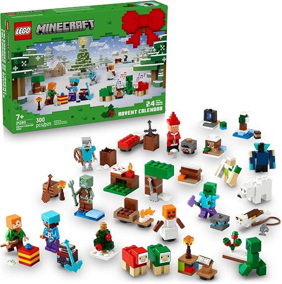 LEGO Minecraft Advent Calendar 2025 Building Toy - Kids Holiday Countdown Set for Boys & Girls, Ages 7+ 24 Buildable Surprises & 8 Minifigures for Gamers - Collectible Gift for Christmas - 21280