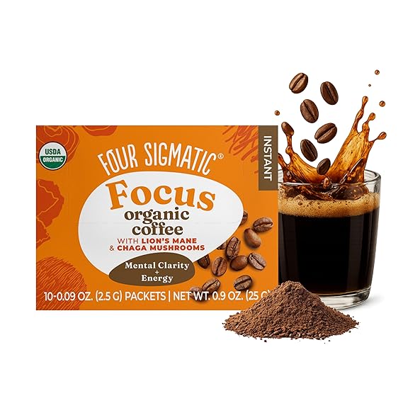 Four Sigmatic Focus Organic Mushroom Coffee | Instant Mushroom Coffee Mix with Lion's Mane, Chaga and Rhodiola for Better Focus and Immune Support | 10 Packets