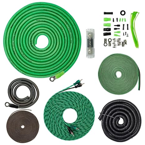 SoundBox 4 Gauge Amplifier Wiring Complete Kit, Extra Long 20 Foot Power & RCA Cables - Green