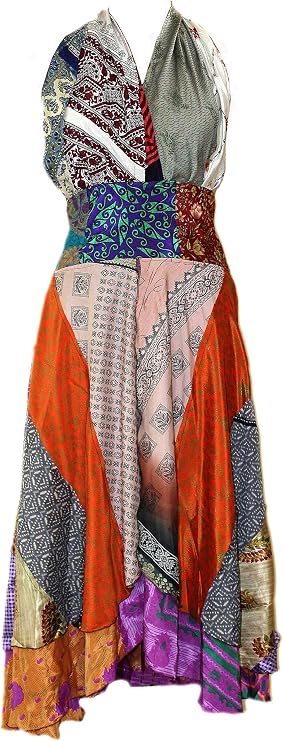 Indian Vintage Silk Sari Patchwork Backless Boho Beach Maxi Dress Multi