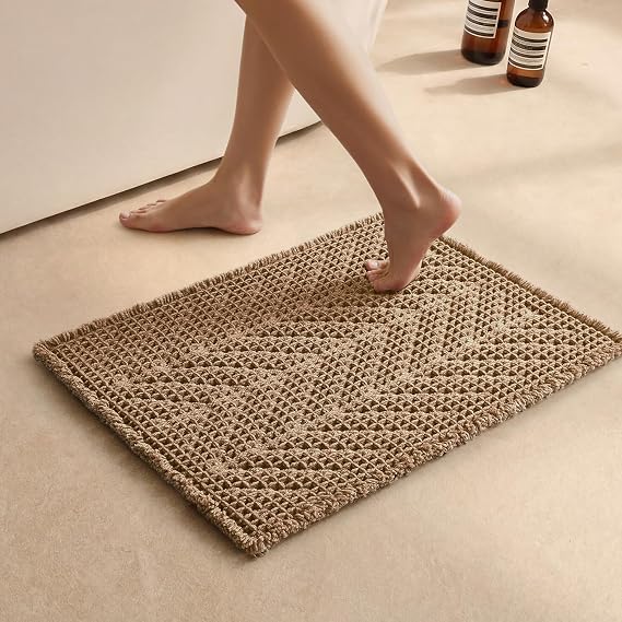 Sunfly Boho Bathroom Rug, Herringbone Waffle Bath Mat Non-Slip Washable Super Absorbent Quick Dry, Small Farmhouse Bath Mat for Bathroom Floor Decor 16"*24" Khaki