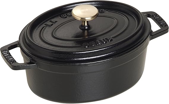 STAUB Cocotte, Cast Iron Casserole 15 cm, 0.6 L, Induction, Made in France | Aroma Rain Lid, Suitable for All Hob Types, Oval, Black